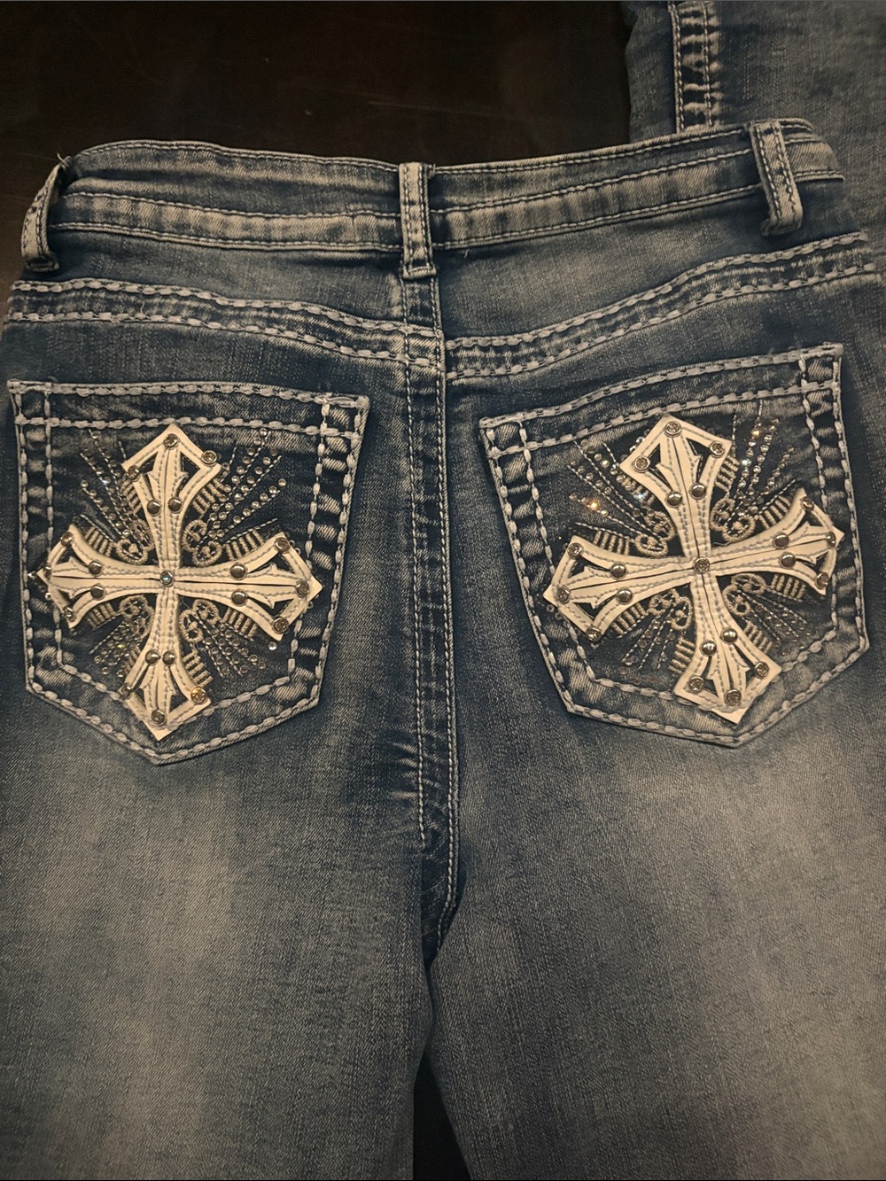 Women's Boot Cut Jeans with Embellished Cross Back Pockets - Blue